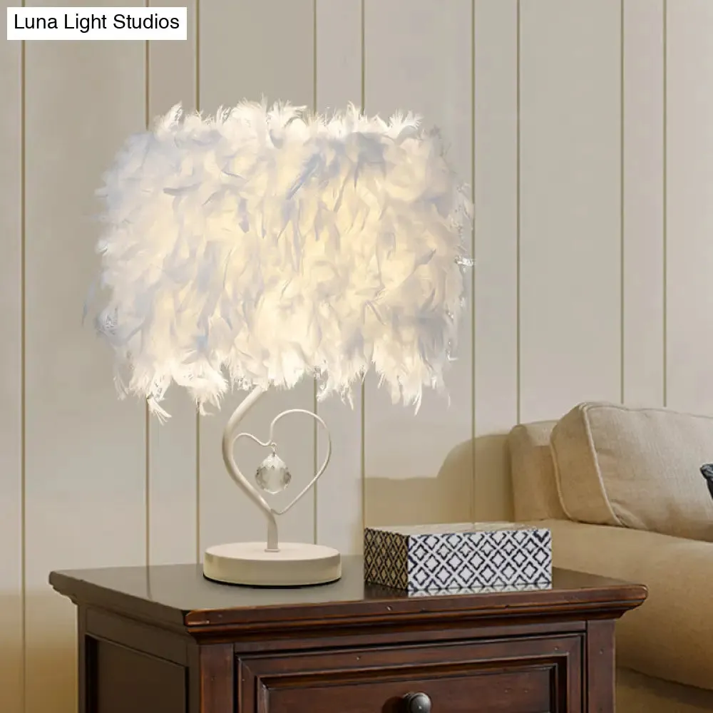 Modern Drum Table Lamp: Feather Light, White/Pink/Burgundy, Heart Frame, Crystal Orb
