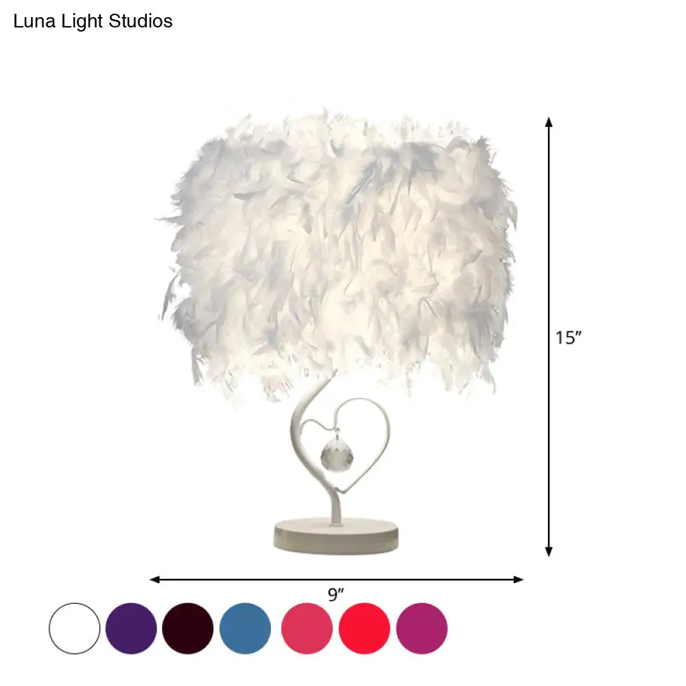 Modern Drum Table Lamp: Feather Light, White/Pink/Burgundy, Heart Frame, Crystal Orb