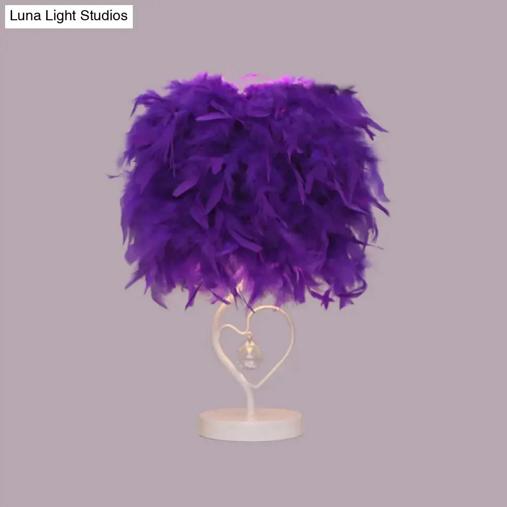 Modern Drum Table Lamp: Feather Light, White/Pink/Burgundy, Heart Frame, Crystal Orb