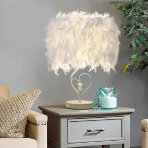 Modern Drum Table Lamp: Feather Light, White/Pink/Burgundy, Heart Frame, Crystal Orb