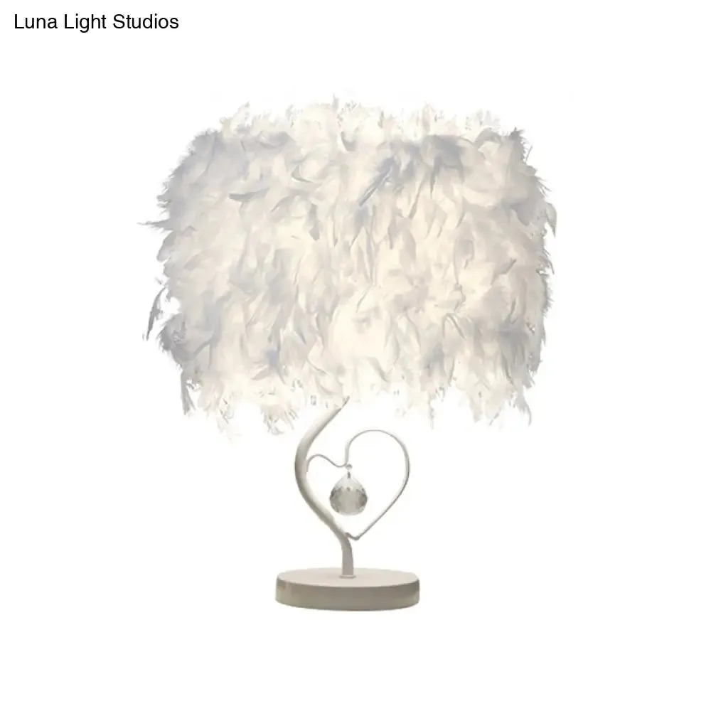 Modern Drum Table Lamp: Feather Light, White/Pink/Burgundy, Heart Frame, Crystal Orb