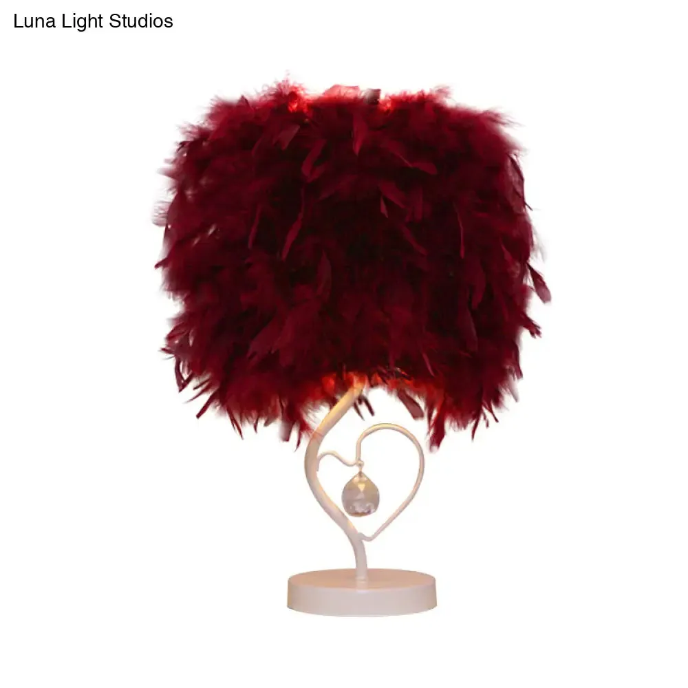 Modern Drum Table Lamp: Feather Light, White/Pink/Burgundy, Heart Frame, Crystal Orb
