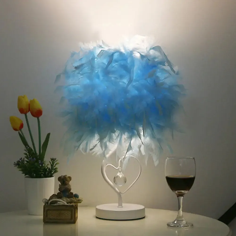 Modern Drum Table Lamp: Feather Light, White/Pink/Burgundy, Heart Frame, Crystal Orb