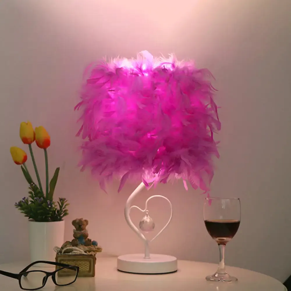 Modern Drum Table Lamp: Feather Light, White/Pink/Burgundy, Heart Frame, Crystal Orb