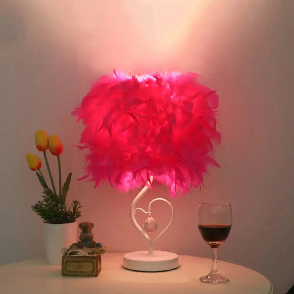 Modern Drum Table Lamp: Feather Light, White/Pink/Burgundy, Heart Frame, Crystal Orb