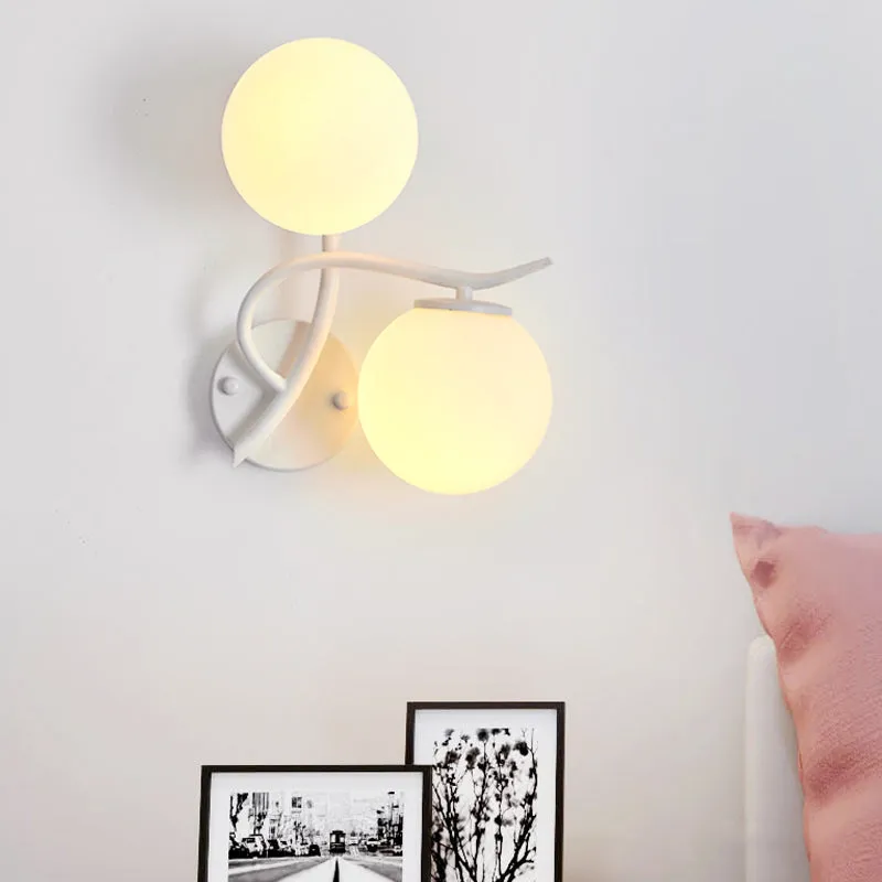 Modern Globe Wall Lamp with Milk Glass Sconce - 2 Heads, White - Ideal for Adult Bedroom