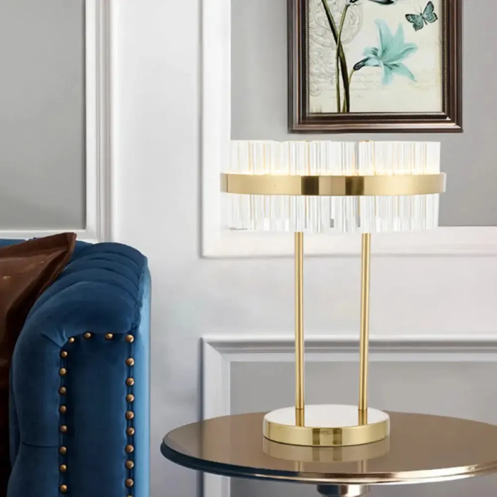 Modern Gold LED Crystal Drum Table Lamp for Bedroom - Hand-Cut, Small Desk Light