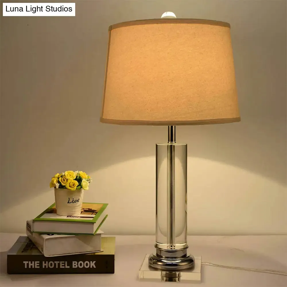 Modern White Barrel Night Table Lamp - 1 Head Task Lighting with Fabric Shade and Crystal Base