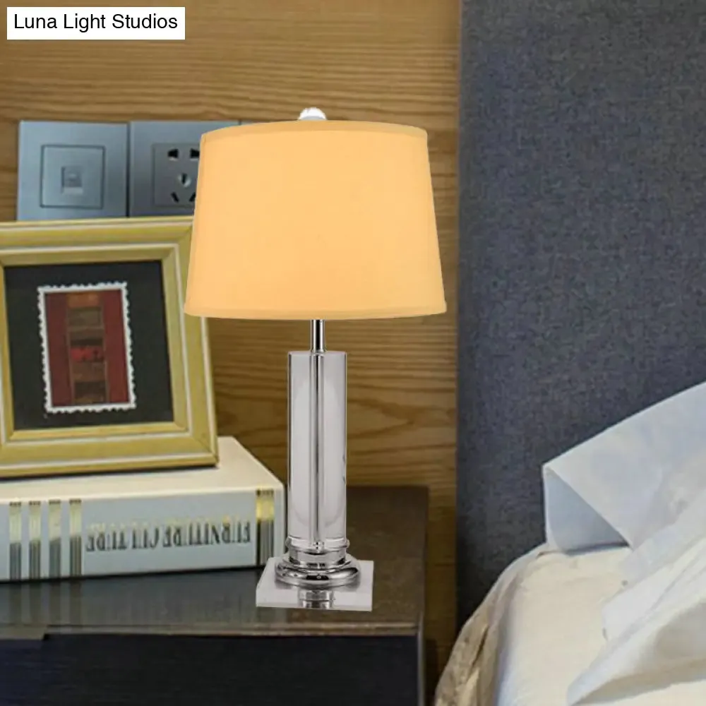 Modern White Barrel Night Table Lamp - 1 Head Task Lighting with Fabric Shade and Crystal Base