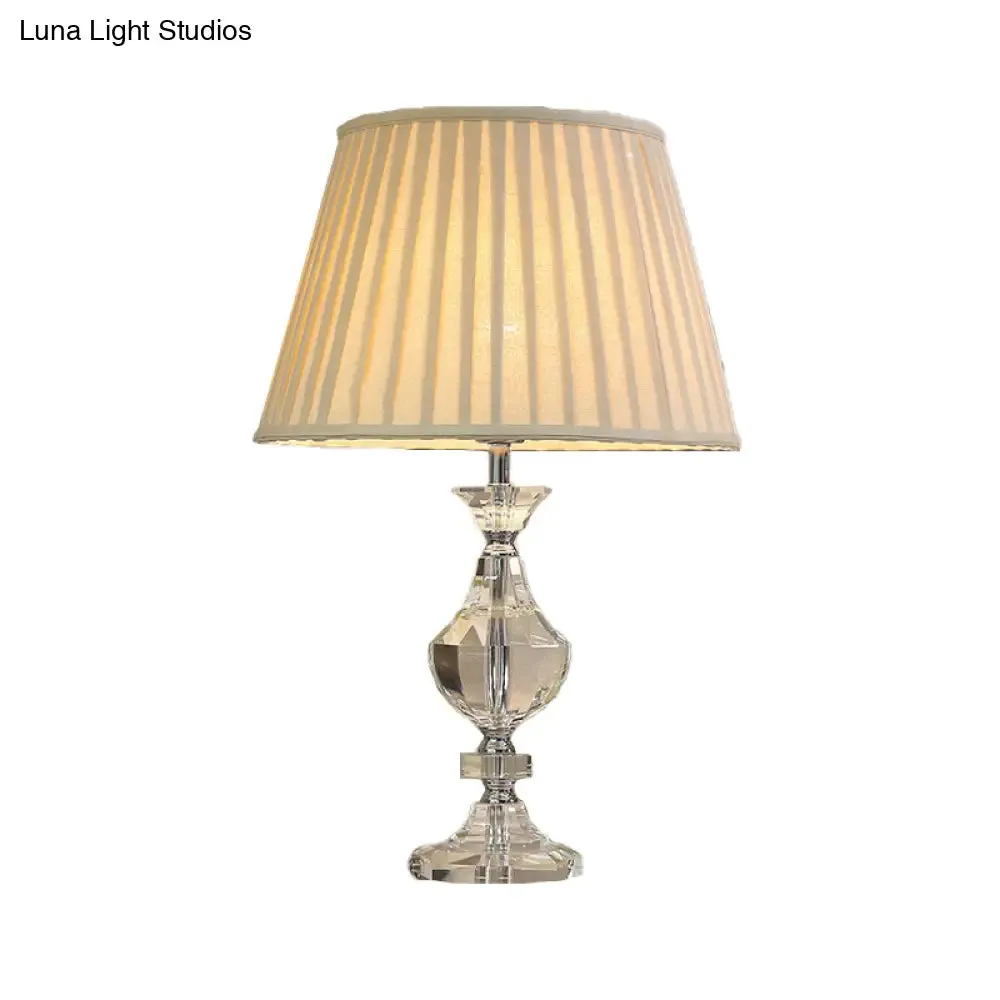 Modern Wide Flare Task Lamp: Beige Fabric, 1-Head, Urn Crystal Detail - Ideal for Living Room Reading