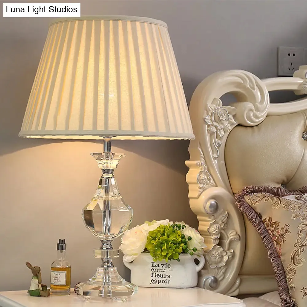 Modern Wide Flare Task Lamp: Beige Fabric, 1-Head, Urn Crystal Detail - Ideal for Living Room Reading
