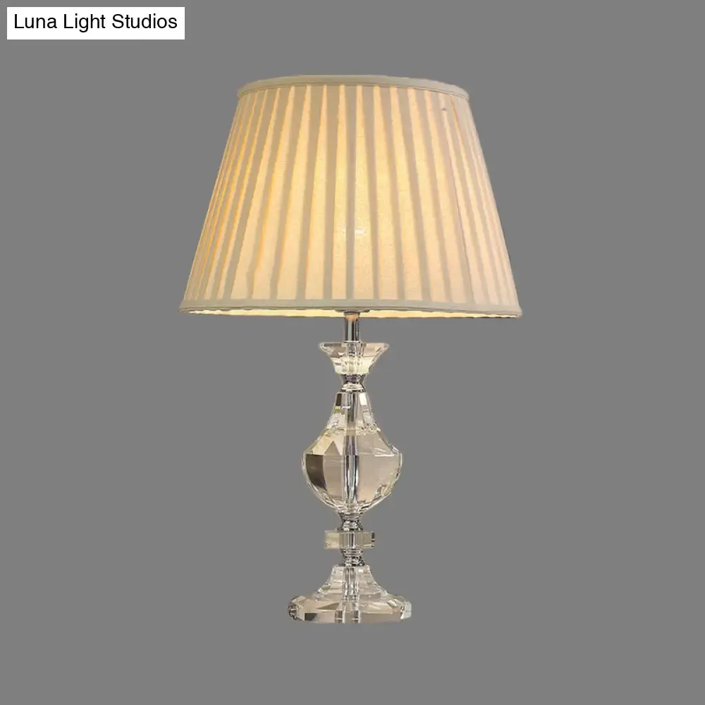 Modern Wide Flare Task Lamp: Beige Fabric, 1-Head, Urn Crystal Detail - Ideal for Living Room Reading