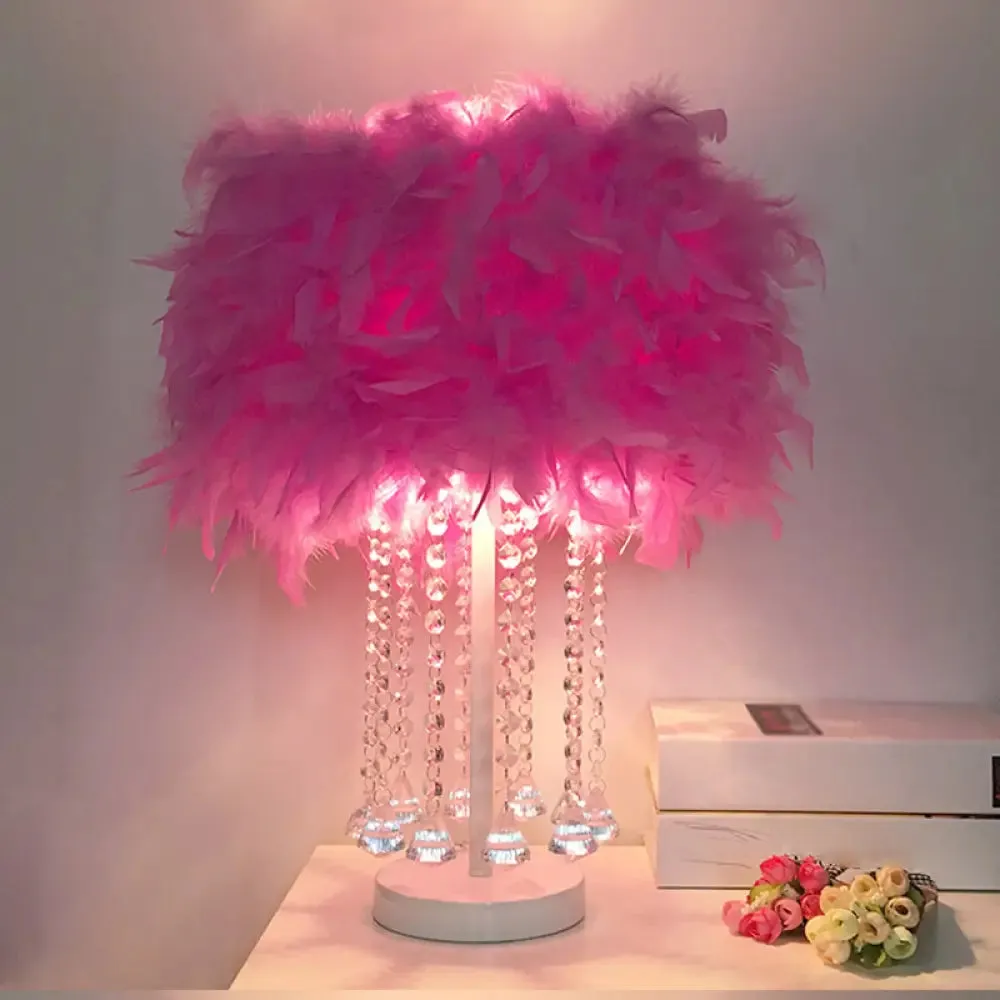Modernist Feather Nightstand Light with Draping Crystal - Red/Pink/Purple