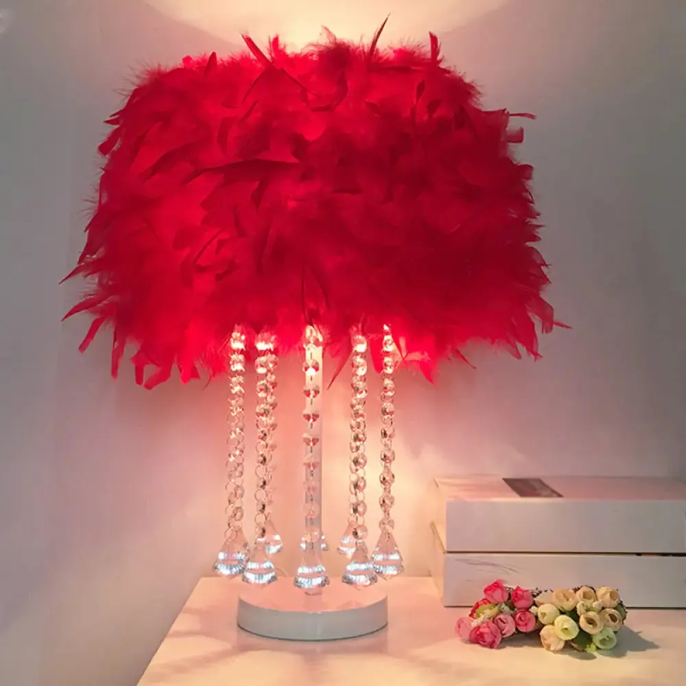 Modernist Feather Nightstand Light with Draping Crystal - Red/Pink/Purple