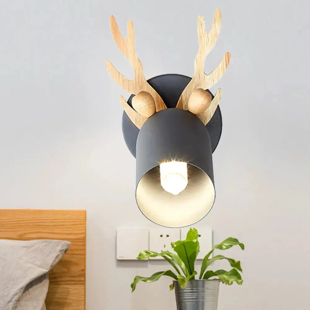Nordic Stylish Wall Light Sconce with Tapered Shade and Antler Detail for Living Room