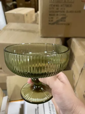 Olive Green Vintage striped coupe cocktail drinking Glass crystal look