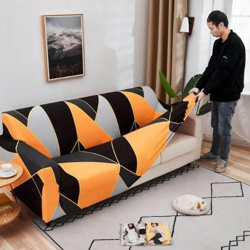One Seater Rhombs Design Orange Color, Stretchable Sofa Cover.