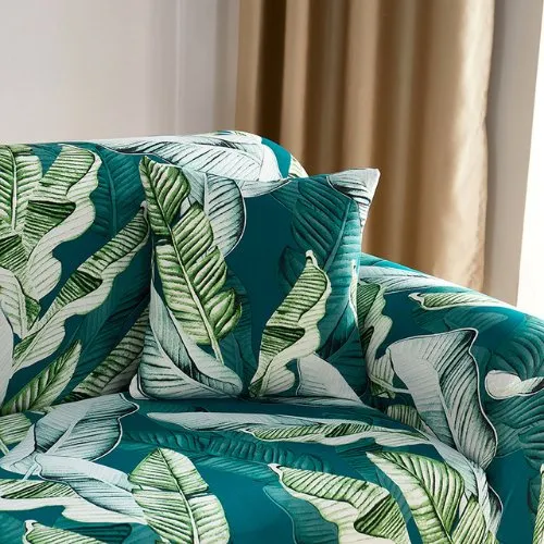 One Seater Stretchable Sofa Cover, Green Leaves Design.