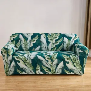 One Seater Stretchable Sofa Cover, Green Leaves Design.