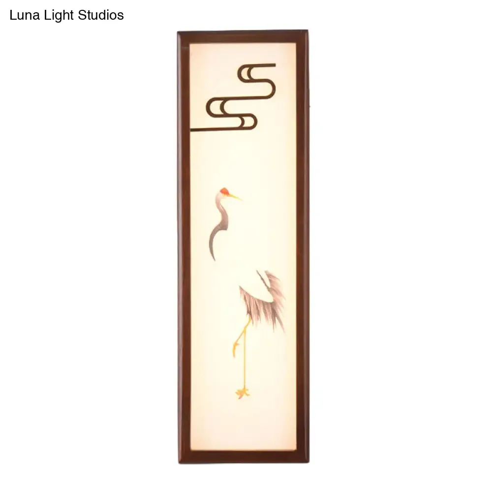 Oriental Style LED Bedside Wall Light with Brown Crane Patterned Mural and Wood Frame