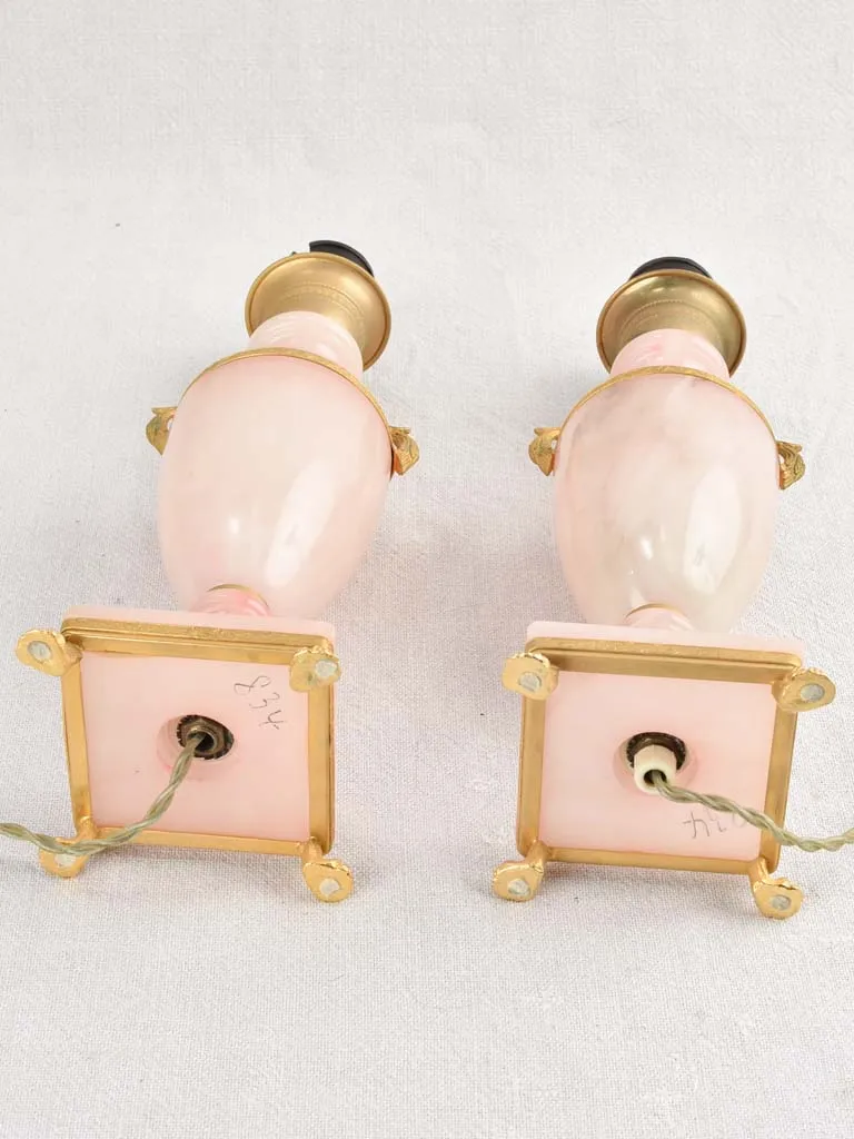 Pair of mid-century pink alabaster lamps 13"