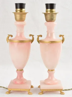 Pair of mid-century pink alabaster lamps 13"