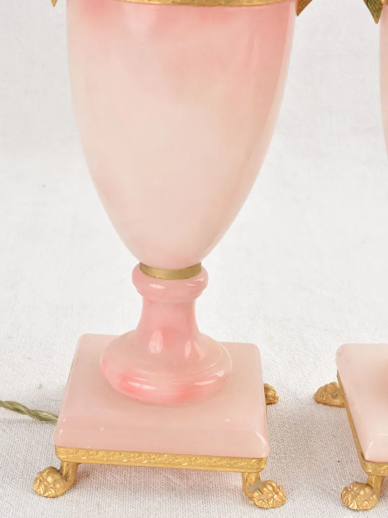 Pair of mid-century pink alabaster lamps 13"