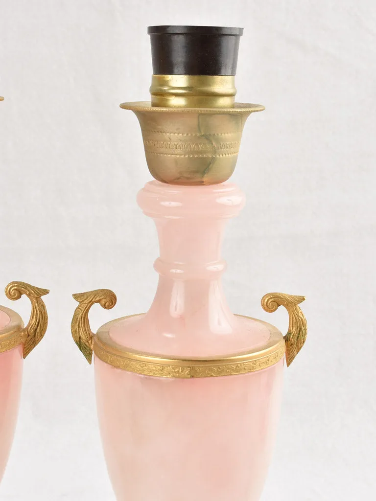 Pair of mid-century pink alabaster lamps 13"