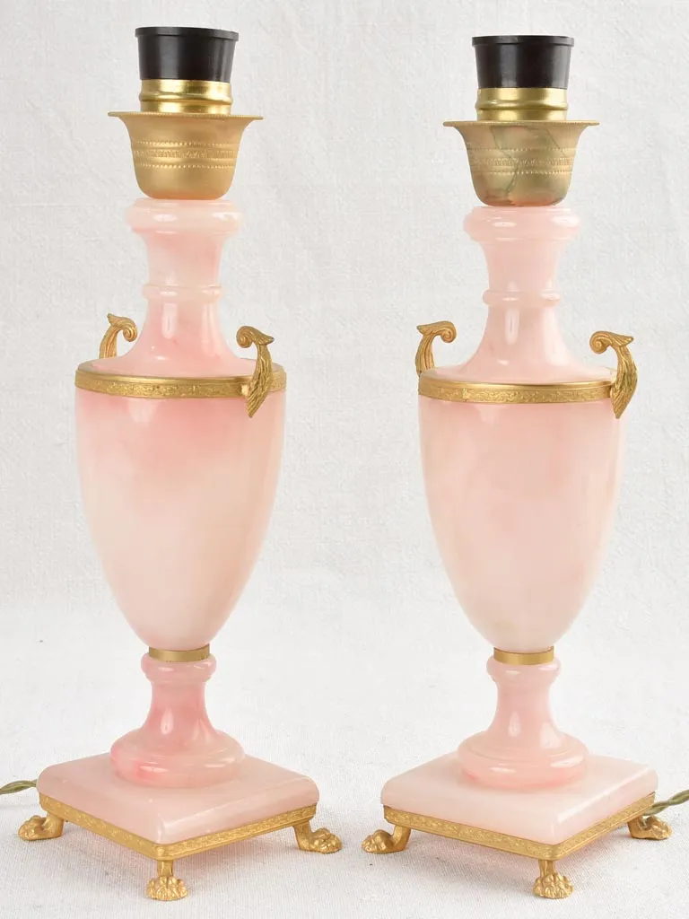 Pair of mid-century pink alabaster lamps 13"