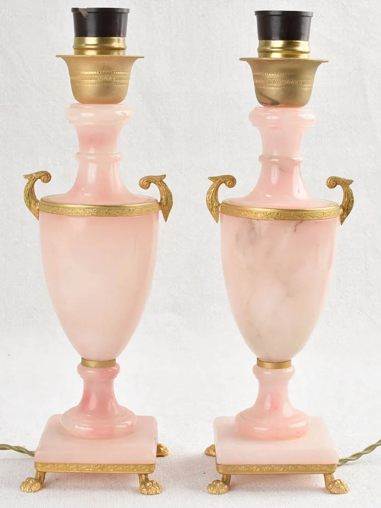 Pair of mid-century pink alabaster lamps 13"