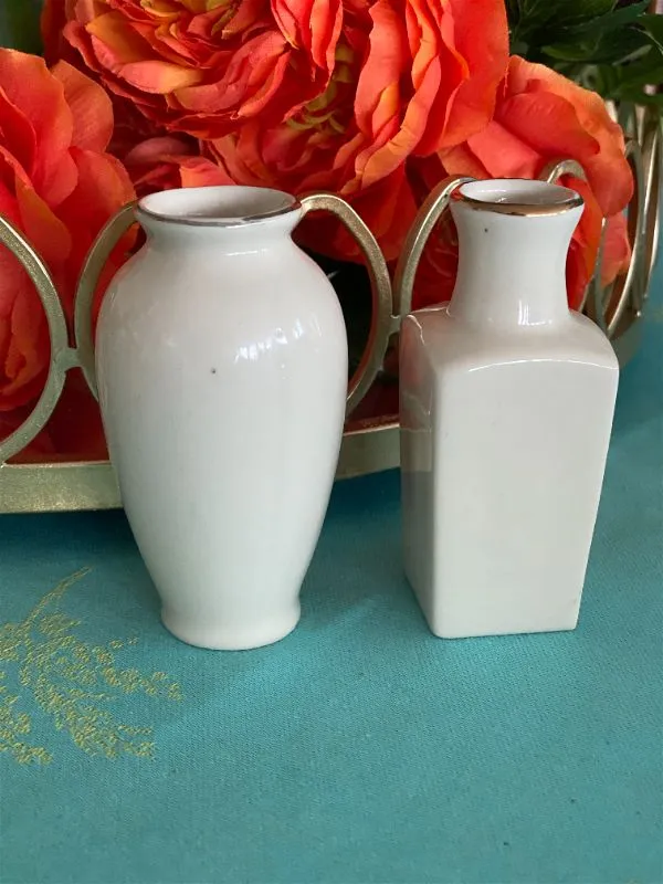 Pair Vintage Japanese Cream and Gold Floral Bud Vases