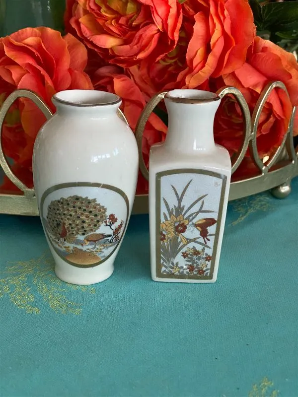 Pair Vintage Japanese Cream and Gold Floral Bud Vases