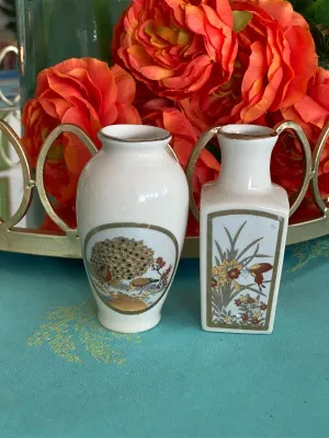 Pair Vintage Japanese Cream and Gold Floral Bud Vases