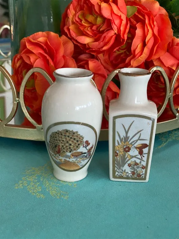 Pair Vintage Japanese Cream and Gold Floral Bud Vases