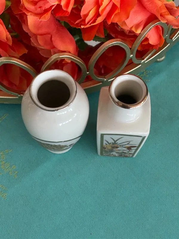 Pair Vintage Japanese Cream and Gold Floral Bud Vases