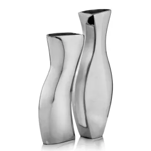 Pareja Adjoining, Silver, Aluminum, Connecting, Vase, Plants, Flowers, Tabletop, Home, Office, Modern, Accents, Set of 2, 4" L x 2" W x 11" H