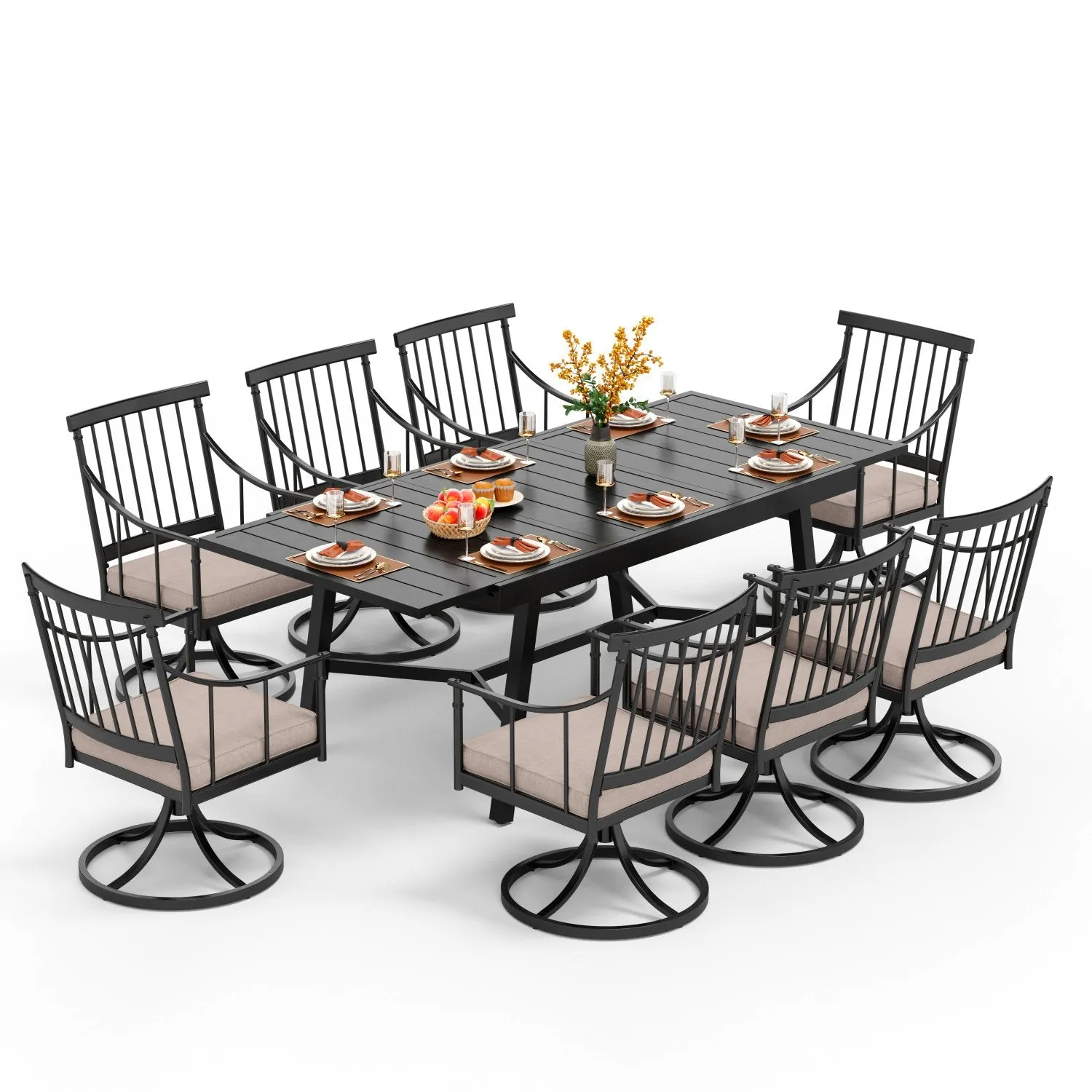 PHI VILLA 7-Piece/9-Piece Patio Dining Set With Extendable Table & Steel Swivel Chairs