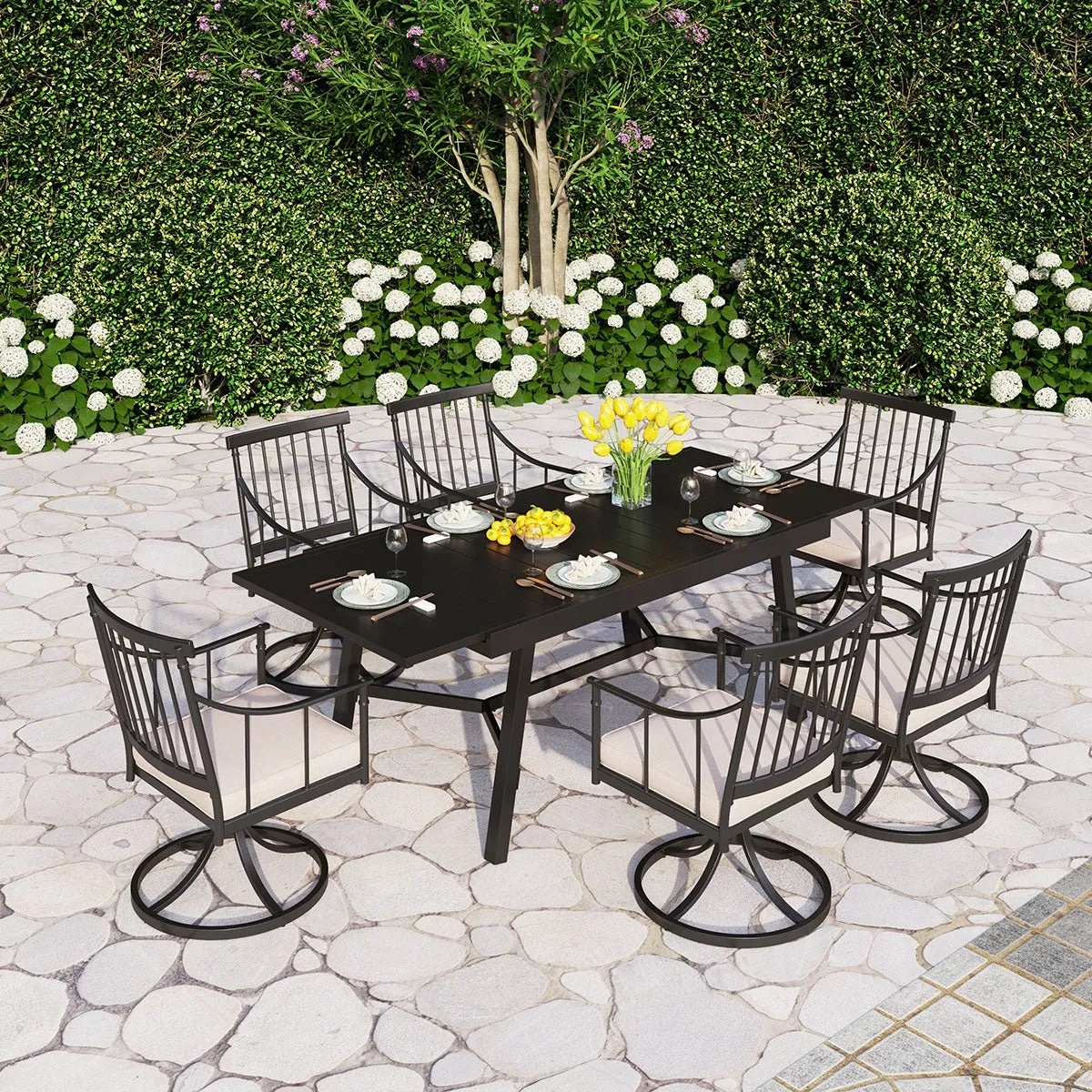 PHI VILLA 7-Piece/9-Piece Patio Dining Set With Extendable Table & Steel Swivel Chairs
