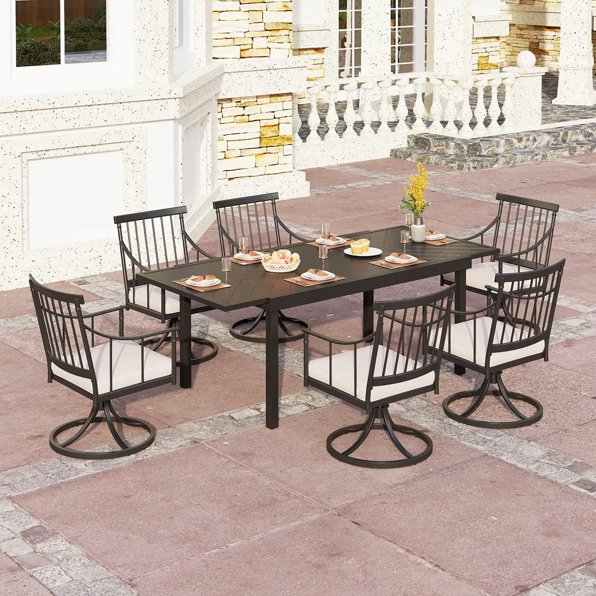 PHI VILLA 7-Piece/9-Piece Patio Dining Set With Extendable Table & Steel Swivel Chairs