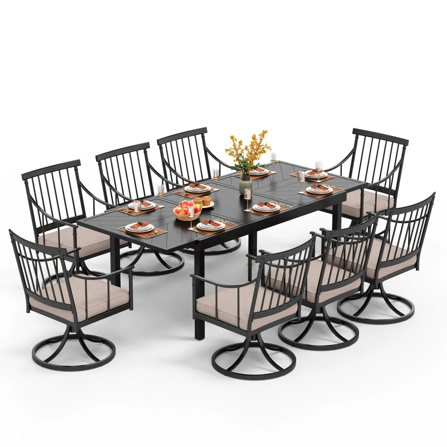 PHI VILLA 7-Piece/9-Piece Patio Dining Set With Extendable Table & Steel Swivel Chairs