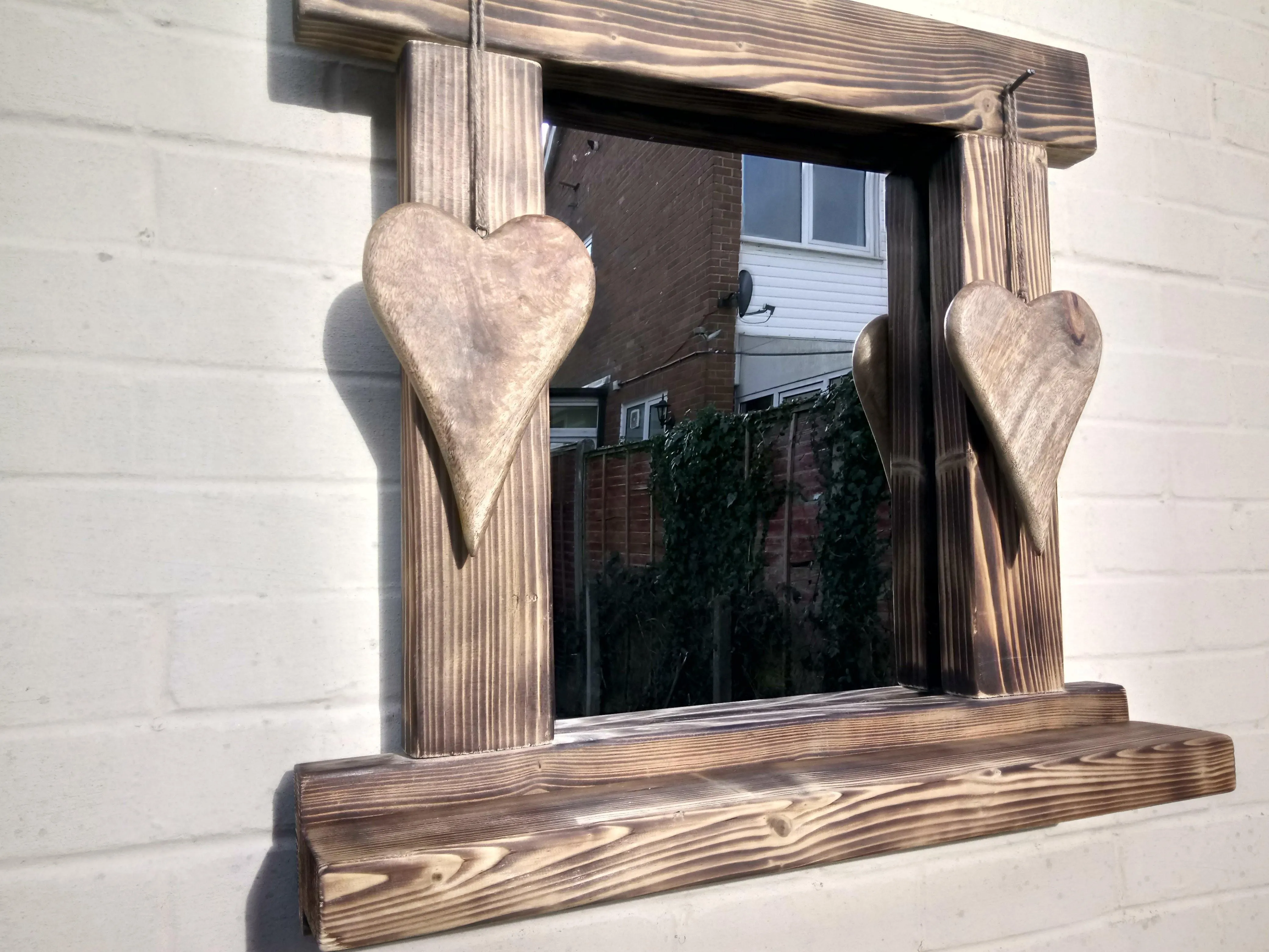 Reclaimed Solid Wood Love Heart Mirror With Shelf - Style 8
