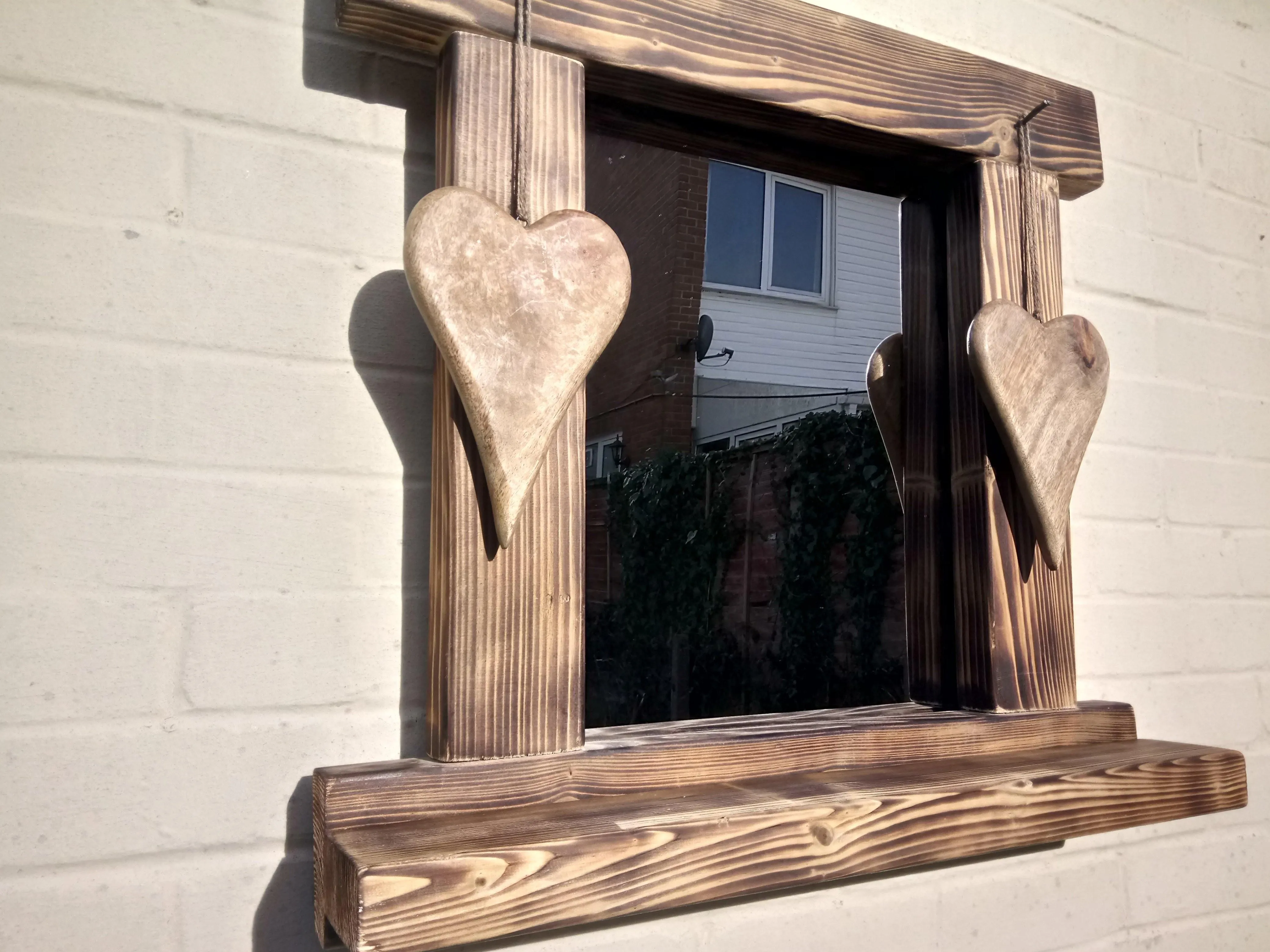 Reclaimed Solid Wood Love Heart Mirror With Shelf - Style 8