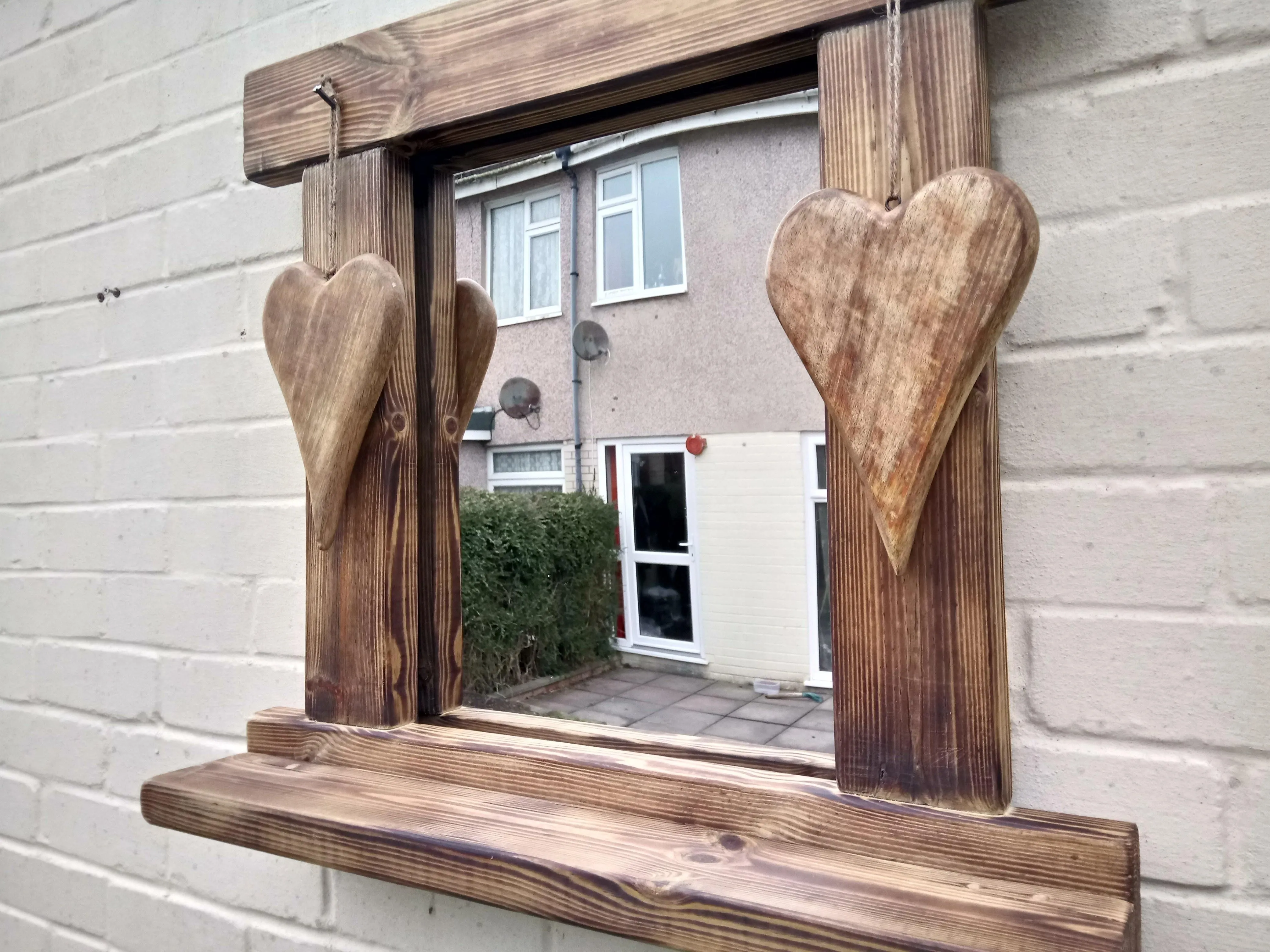 Reclaimed Solid Wood Love Heart Mirror With Shelf - Style 8