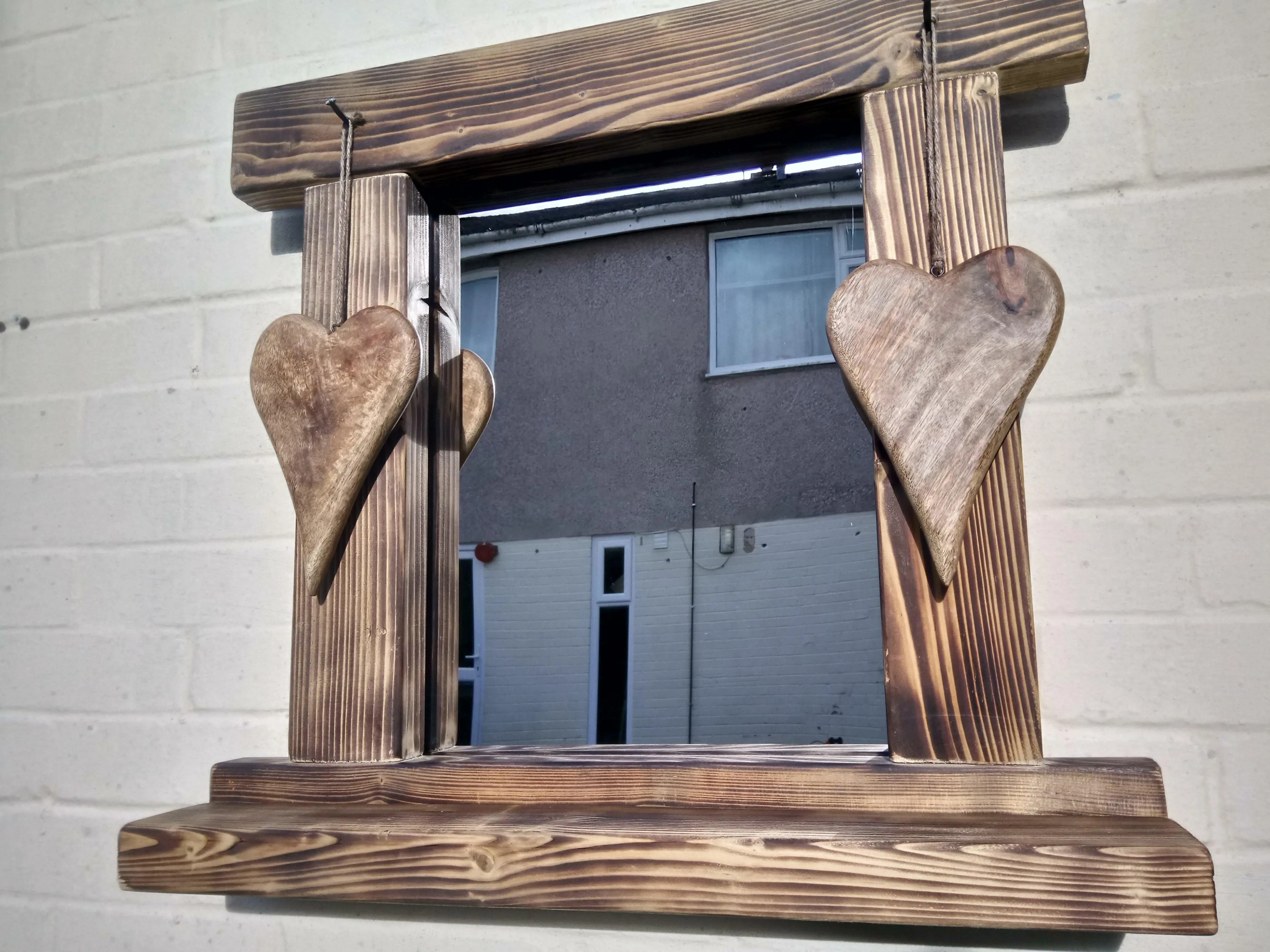 Reclaimed Solid Wood Love Heart Mirror With Shelf - Style 8