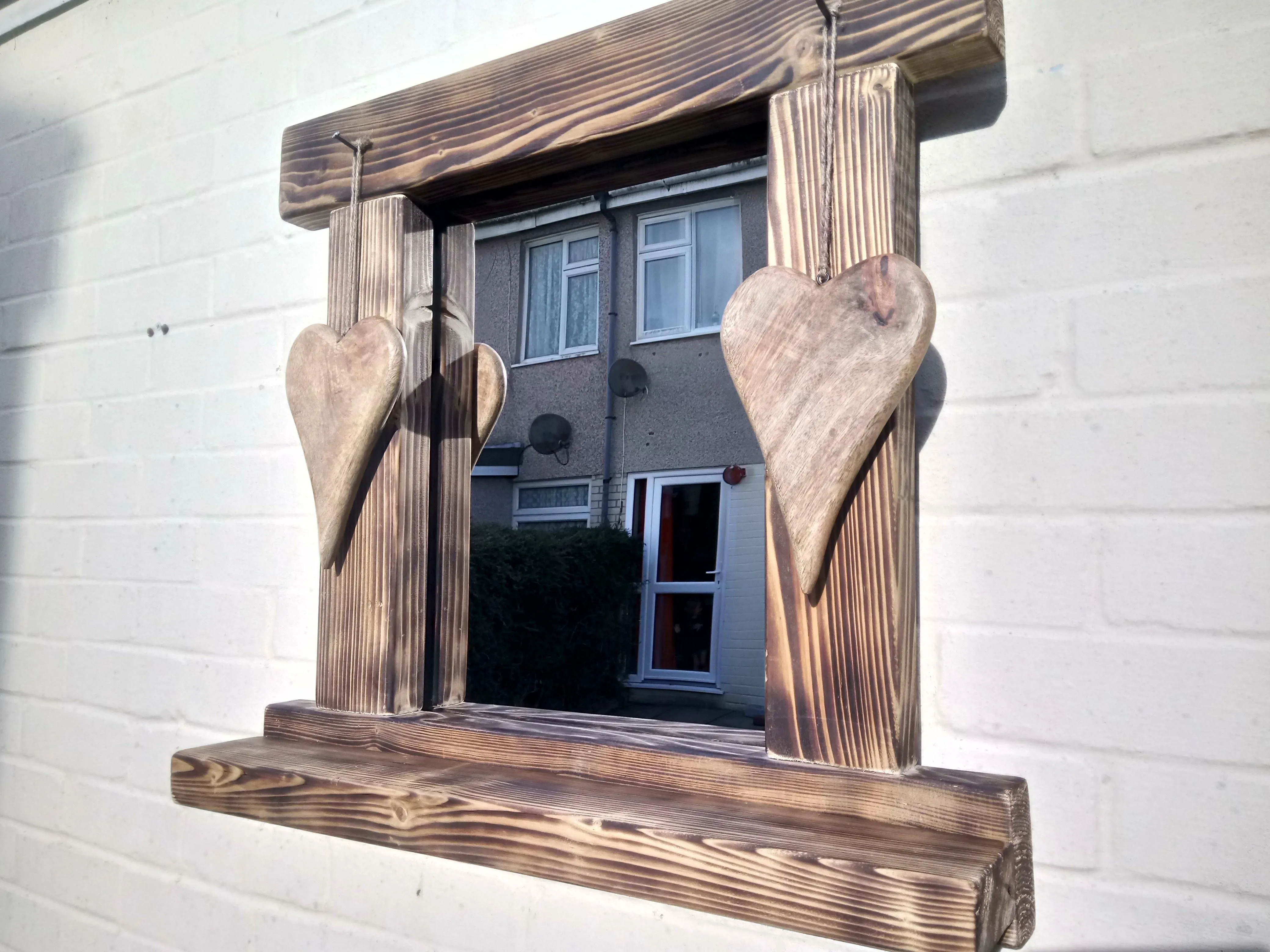 Reclaimed Solid Wood Love Heart Mirror With Shelf - Style 8