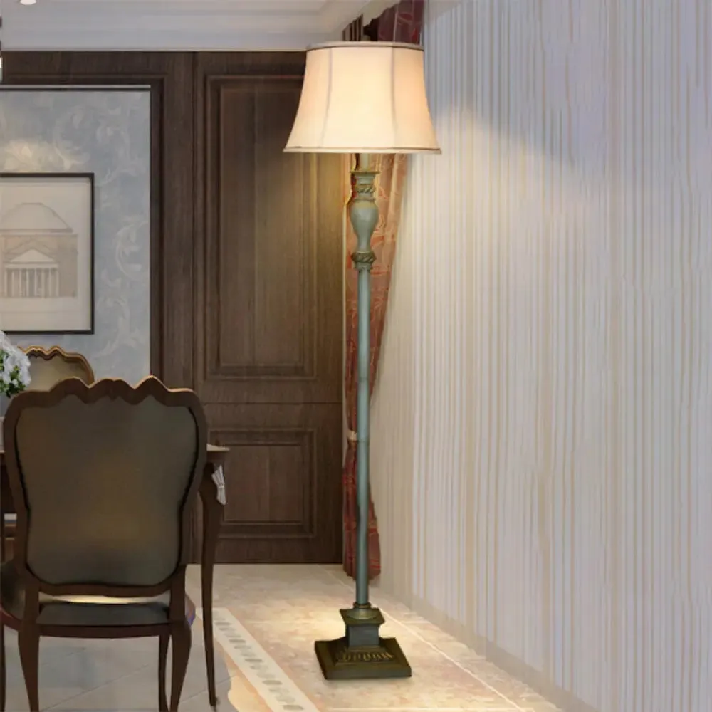 Retro Square Pedestal Floor Lamp in Pewter with Fabric Shade - Stylish 1 Bulb Resin Lighting