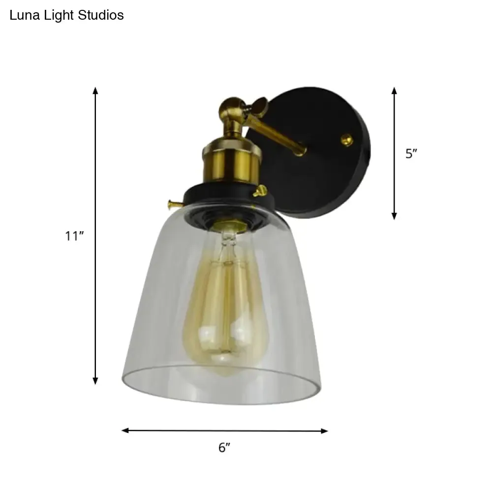 Rotatable Wall Lamp - Warehouse Cloche with 1 Head, Transparent Glass Shade, in Black and Brass/Black