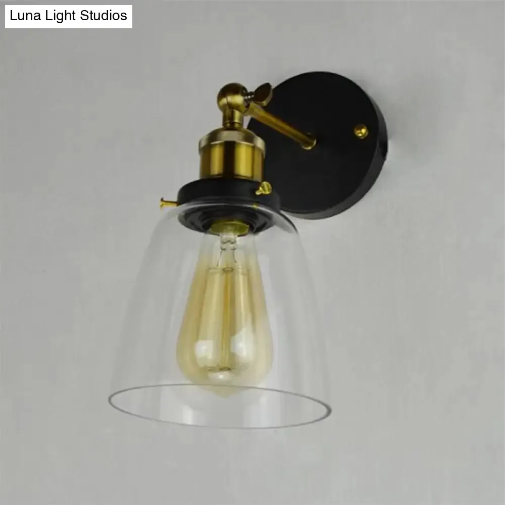 Rotatable Wall Lamp - Warehouse Cloche with 1 Head, Transparent Glass Shade, in Black and Brass/Black