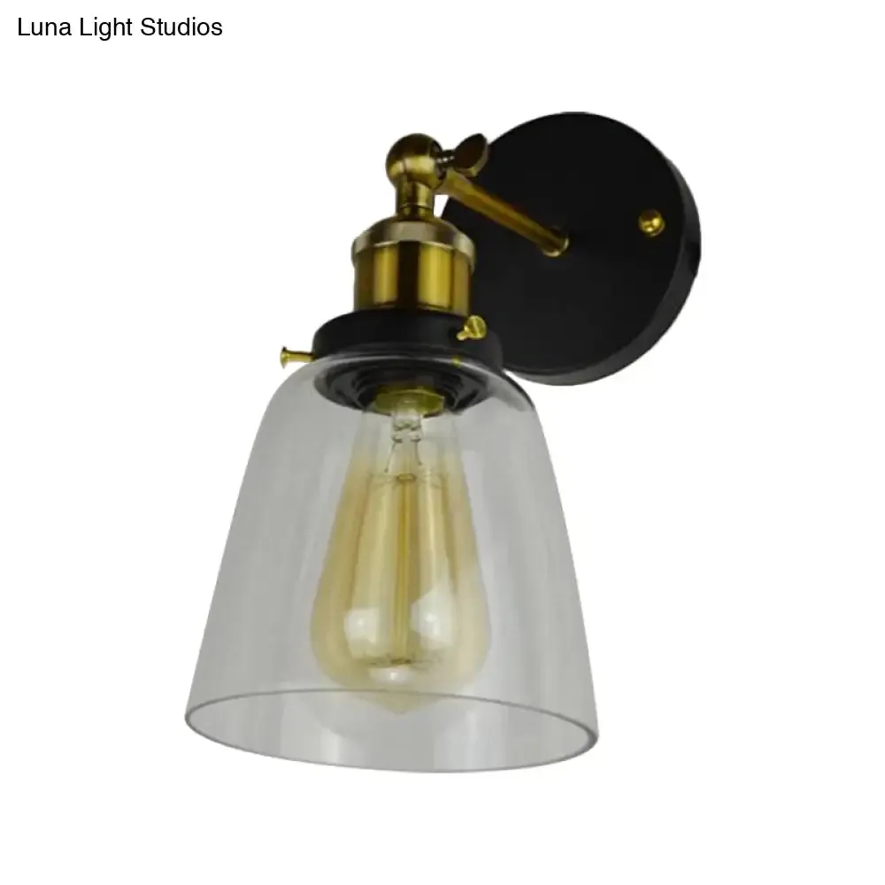 Rotatable Wall Lamp - Warehouse Cloche with 1 Head, Transparent Glass Shade, in Black and Brass/Black