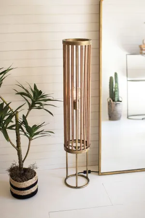 Round Brass and Wood Cylinder Table Lamp